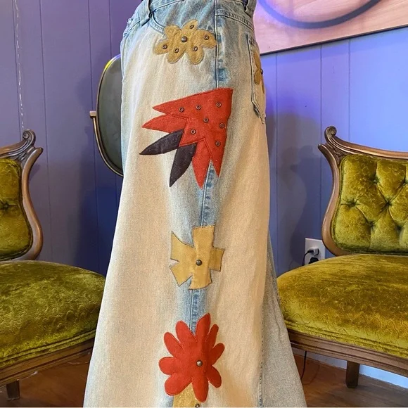 Vintage 90s/Y2K RARE Road Cat Suede And Felt Patchwork Maxi Denim Skirt Size M - Picture 5 of 16